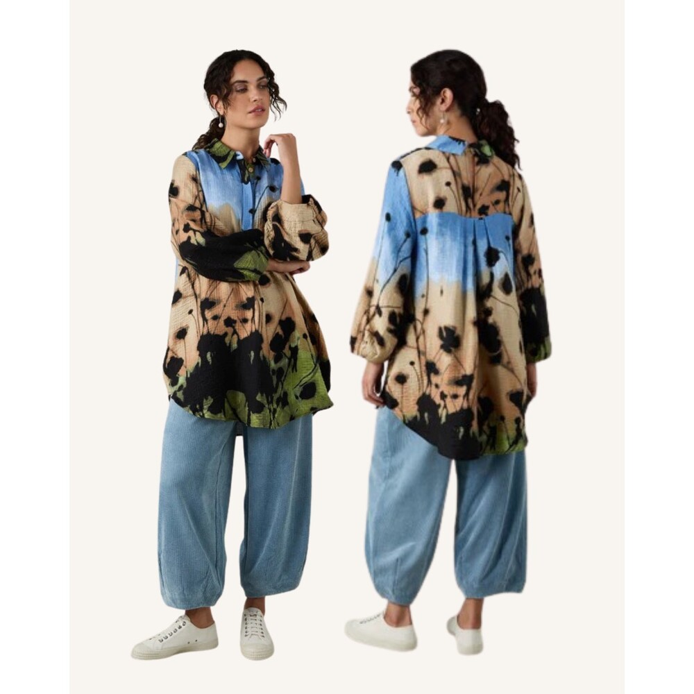 NOEN Womens Abstract Print Textured Tunic Top SZ 16 Lagenlook Danish Art To Wear